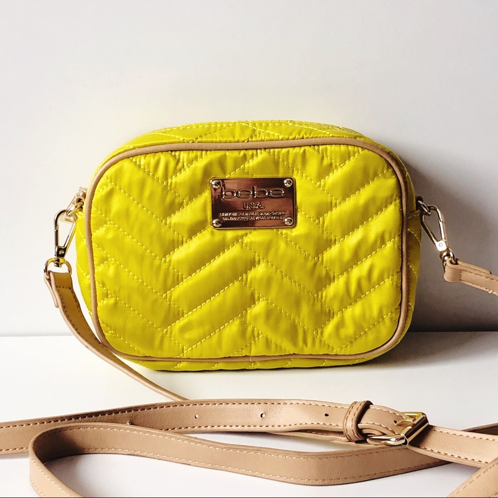BEBE YELLOW SOPHIA QUILTED CAMERA CROSSBODY BAG